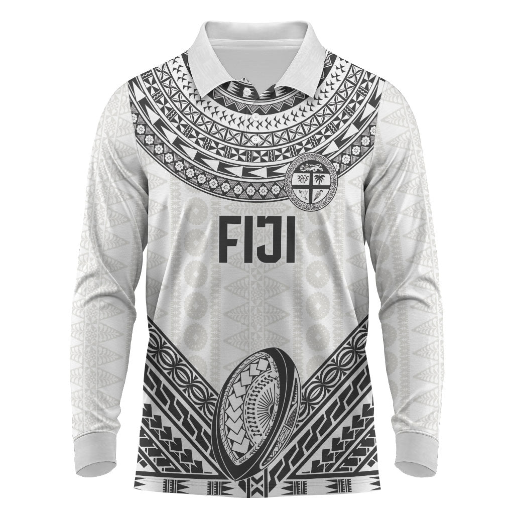 Custom Rugby Fiji National Heritage Long Sleeve Polo Shirt White Traditional Masi Inspired