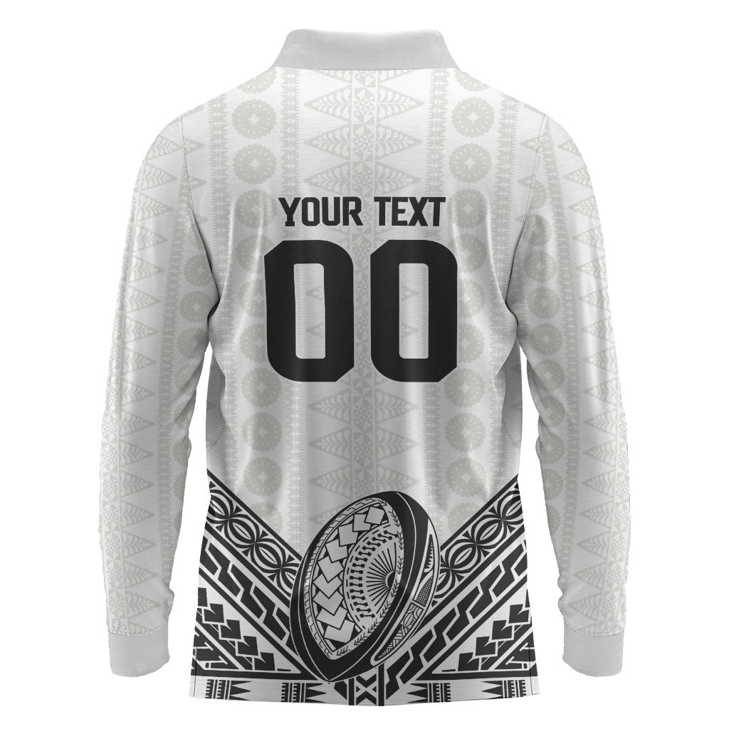 Custom Rugby Fiji National Heritage Long Sleeve Polo Shirt White Traditional Masi Inspired