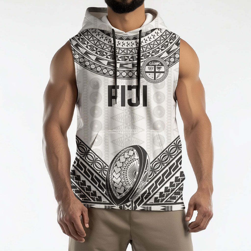 Custom Rugby Fiji National Heritage Sleeveless Hoodie White Traditional Masi Inspired