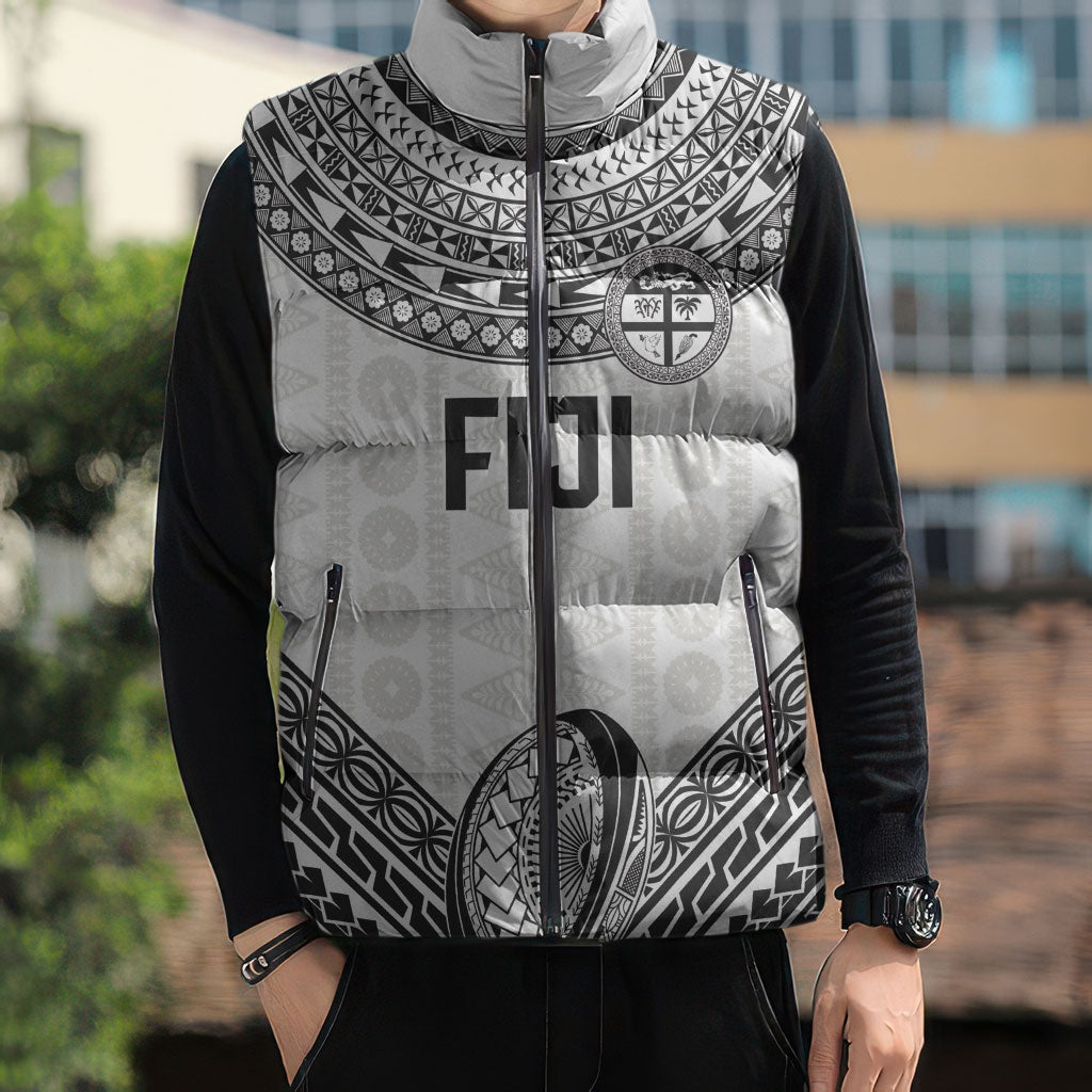 Custom Rugby Fiji National Heritage Sleeveless Puffer Jacket White Traditional Masi Inspired