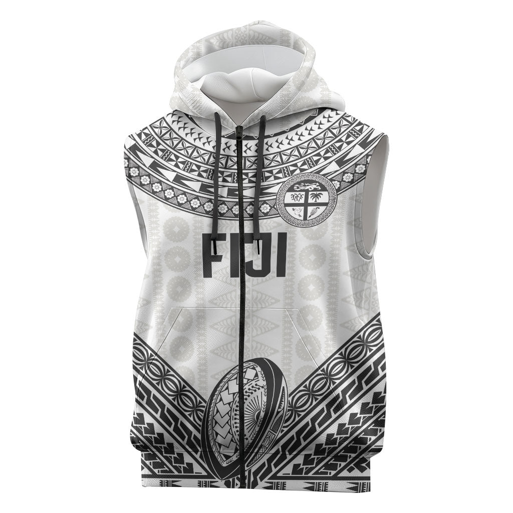 Custom Rugby Fiji National Heritage Sleeveless Zip Hoodie White Traditional Masi Inspired