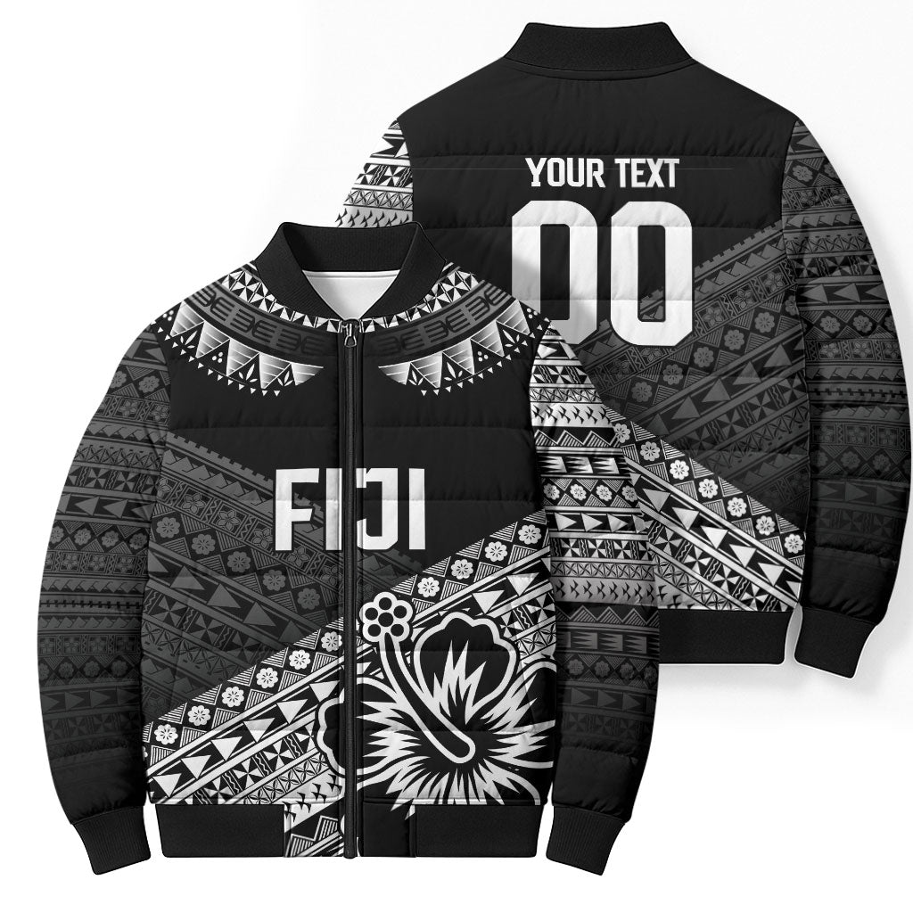 Custom Rugby Fiji Bomber Puffer Jacket Black Traditional Masi Inspired