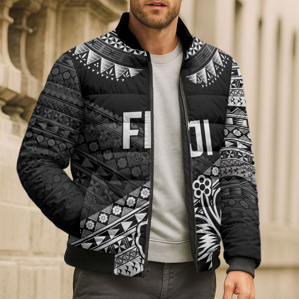 Custom Rugby Fiji Bomber Puffer Jacket Black Traditional Masi Inspired