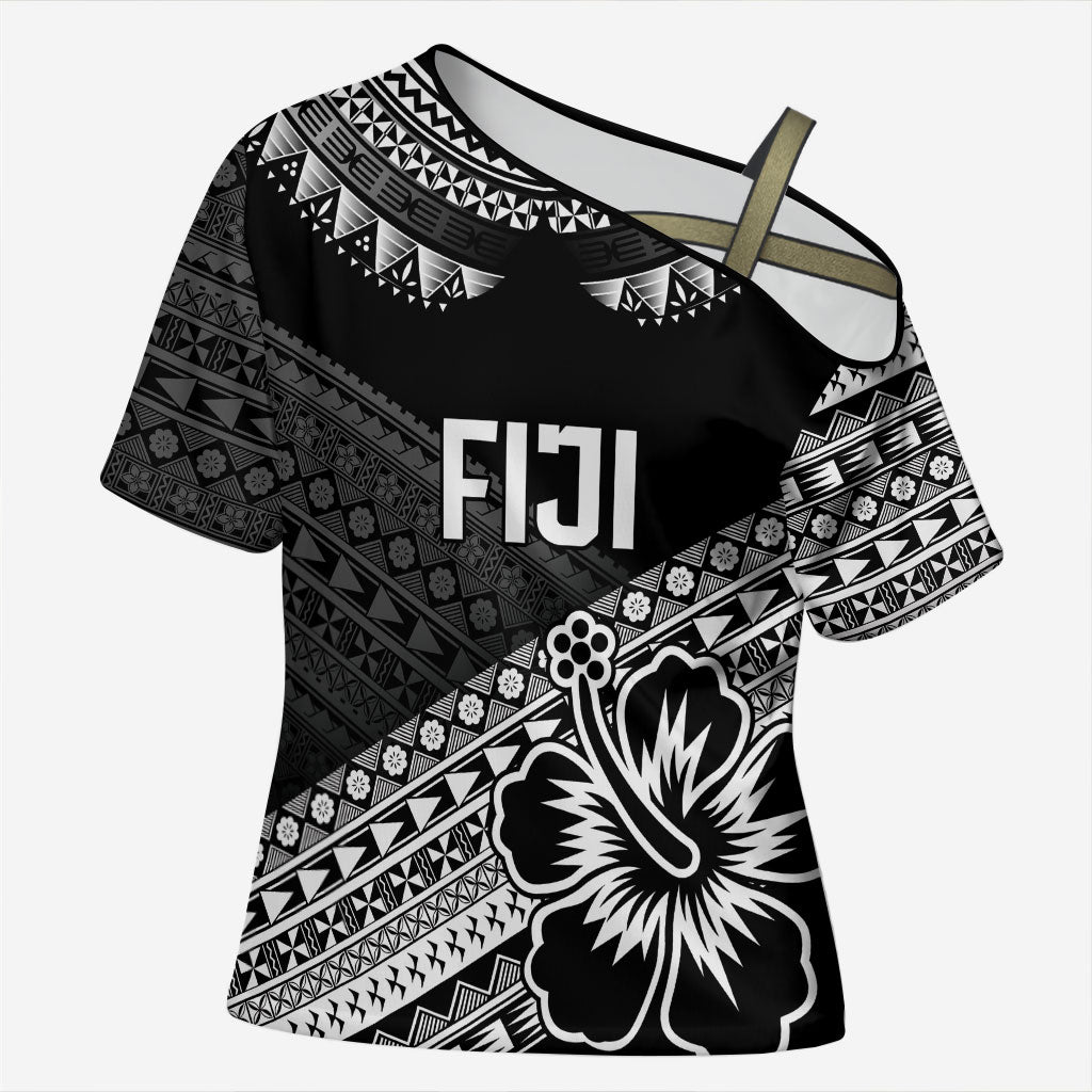 Custom Rugby Fiji Cross Shoulder Shirt Black Traditional Masi Inspired