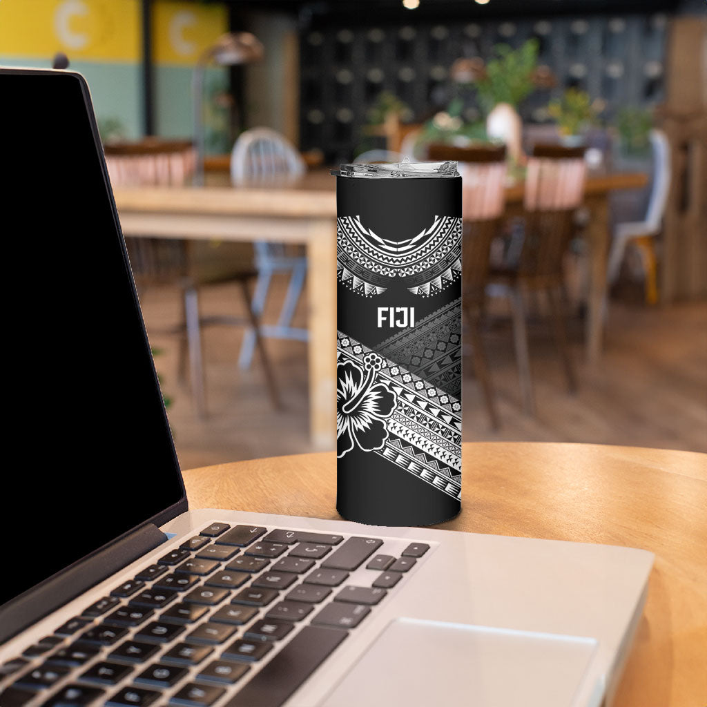 Custom Rugby Fiji Skinny Tumbler Black Traditional Masi Inspired