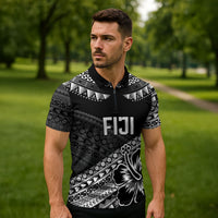 Custom Rugby Fiji Zipper Polo Shirt Black Traditional Masi Inspired