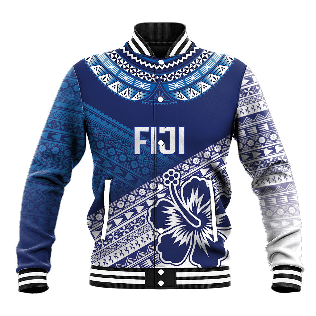 Custom Rugby Fiji Baseball Jacket Blue Traditional Masi Inspired