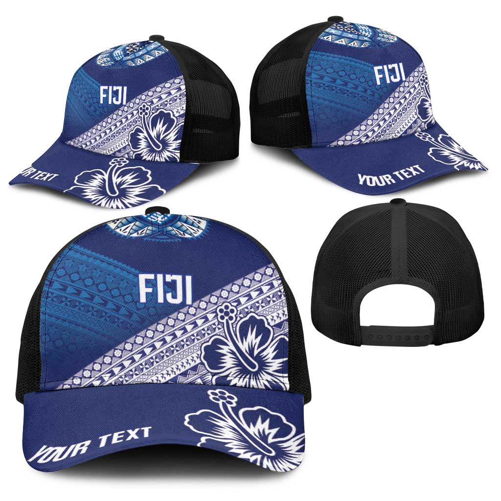 Personalised Rugby Fiji Baseball Net Cap Blue Traditional Masi Inspired