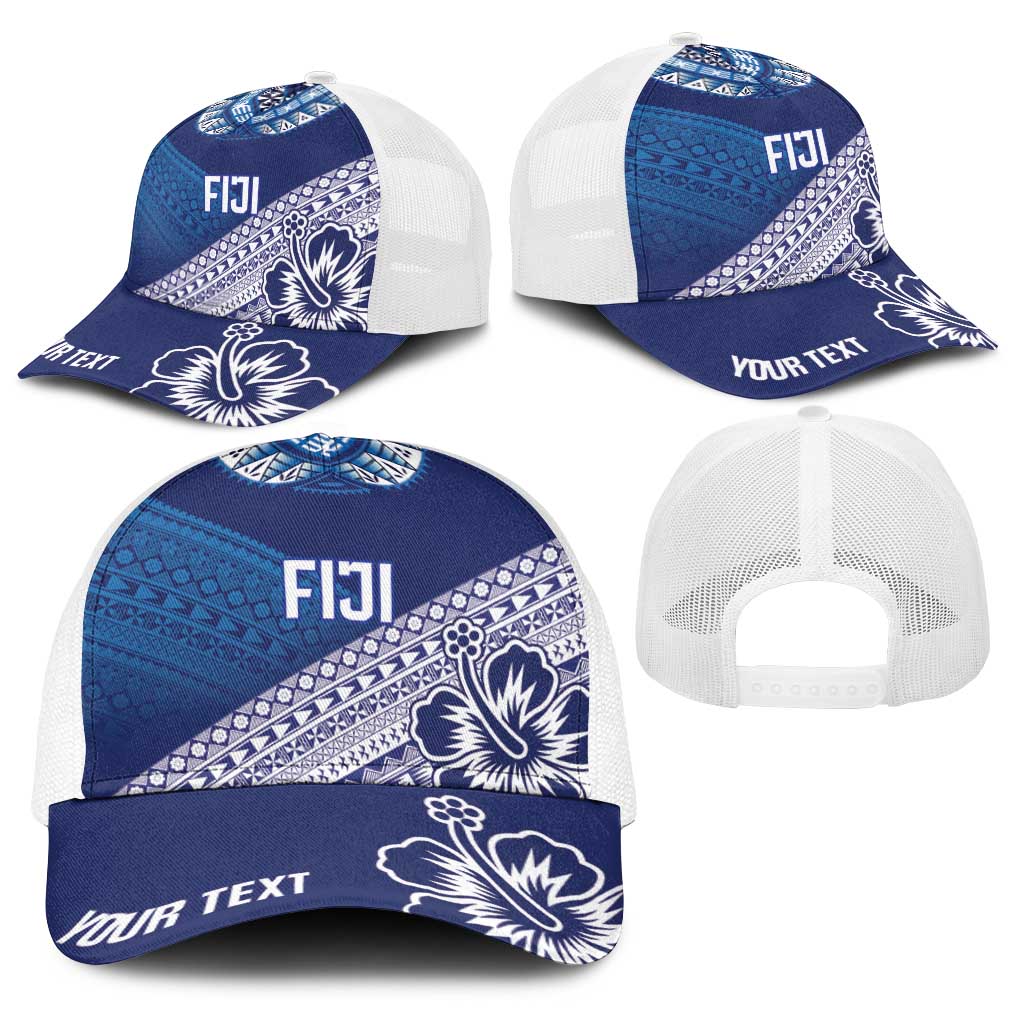 Personalised Rugby Fiji Baseball Net Cap Blue Traditional Masi Inspired