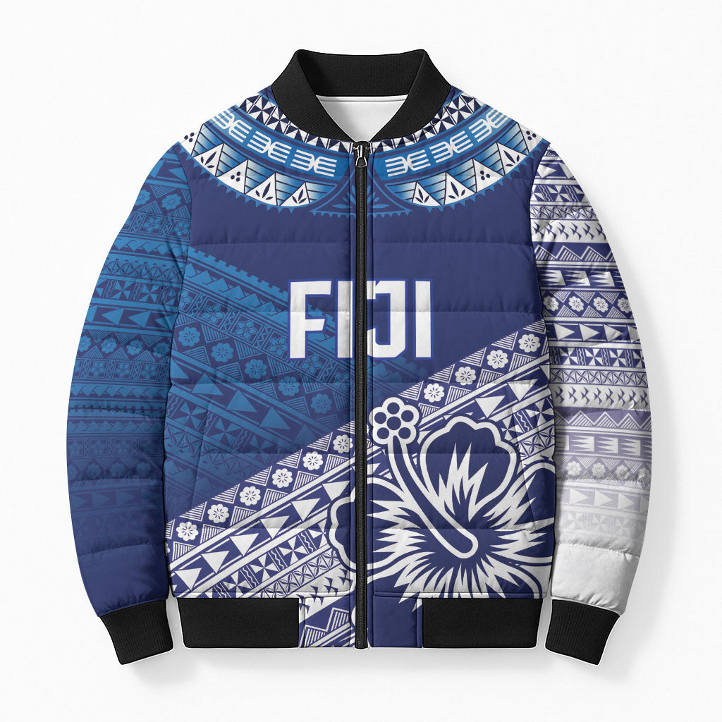 Custom Rugby Fiji Bomber Puffer Jacket Blue Traditional Masi Inspired LT9 Unisex Blue - Polynesian Pride