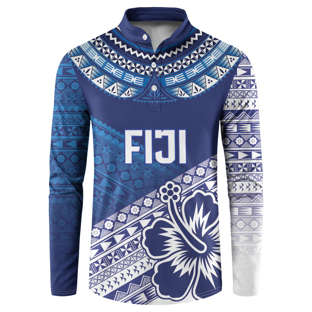 Custom Rugby Fiji Button Sweatshirt Blue Traditional Masi Inspired LT9 Blue - Polynesian Pride