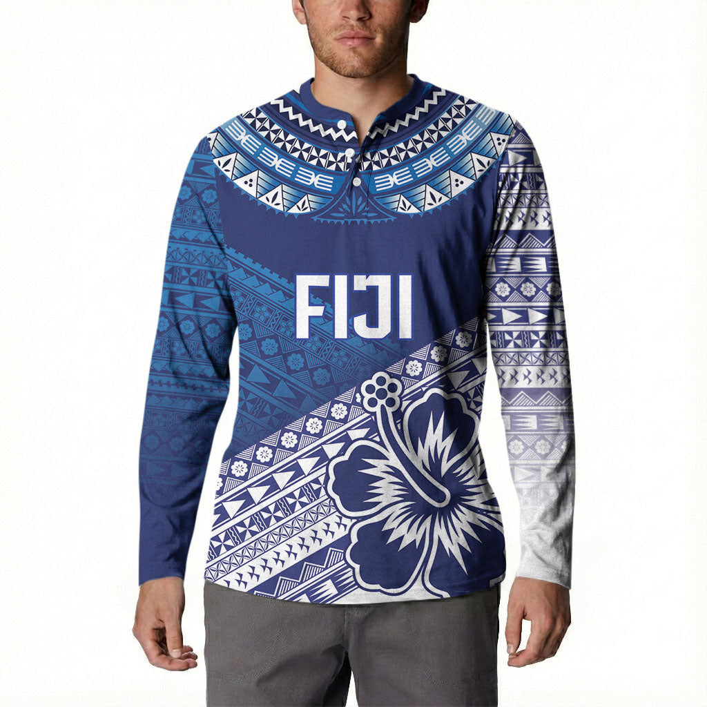 Custom Rugby Fiji Button Sweatshirt Blue Traditional Masi Inspired