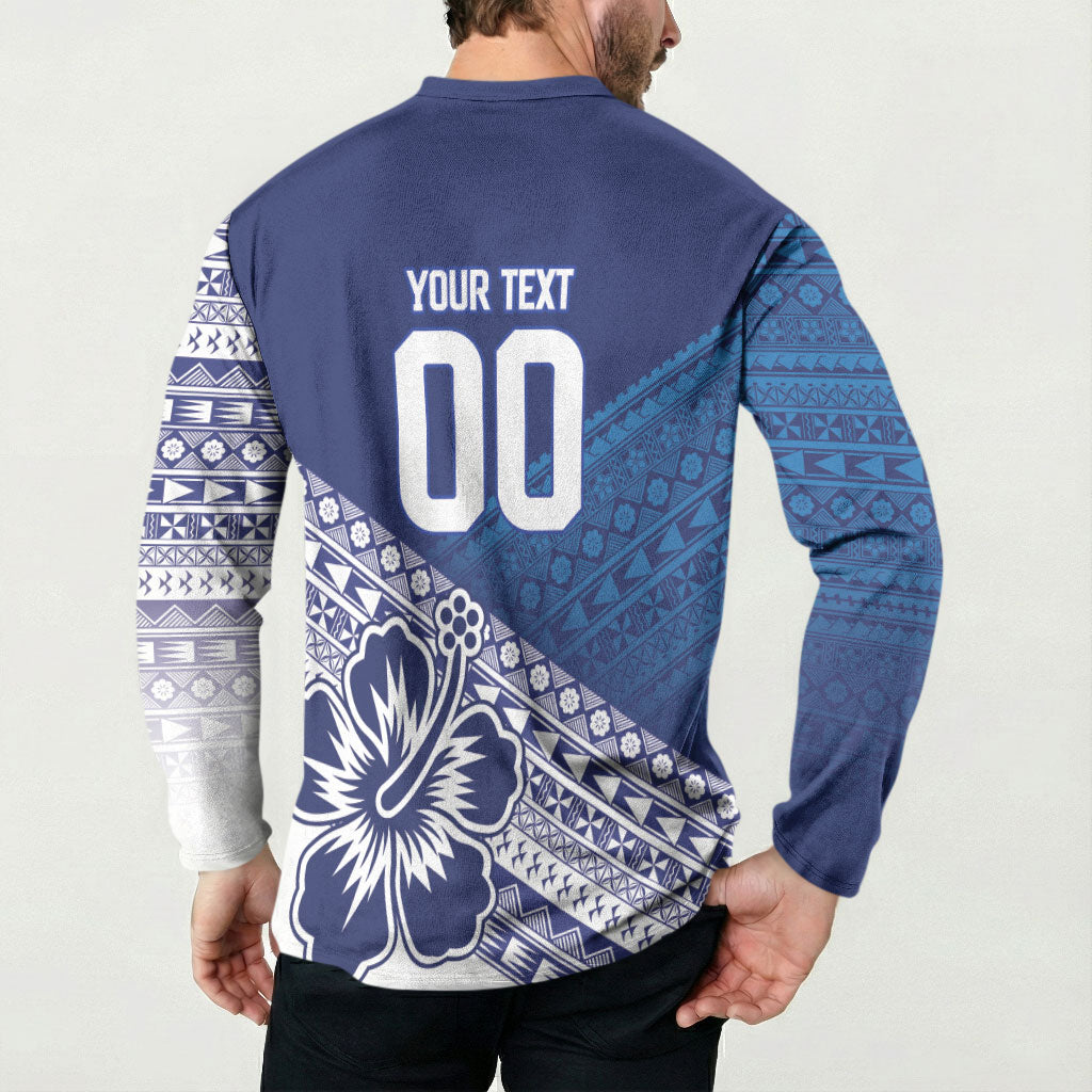 Custom Rugby Fiji Button Sweatshirt Blue Traditional Masi Inspired