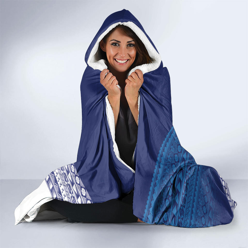 Custom Rugby Fiji Hooded Blanket Blue Traditional Masi Inspired