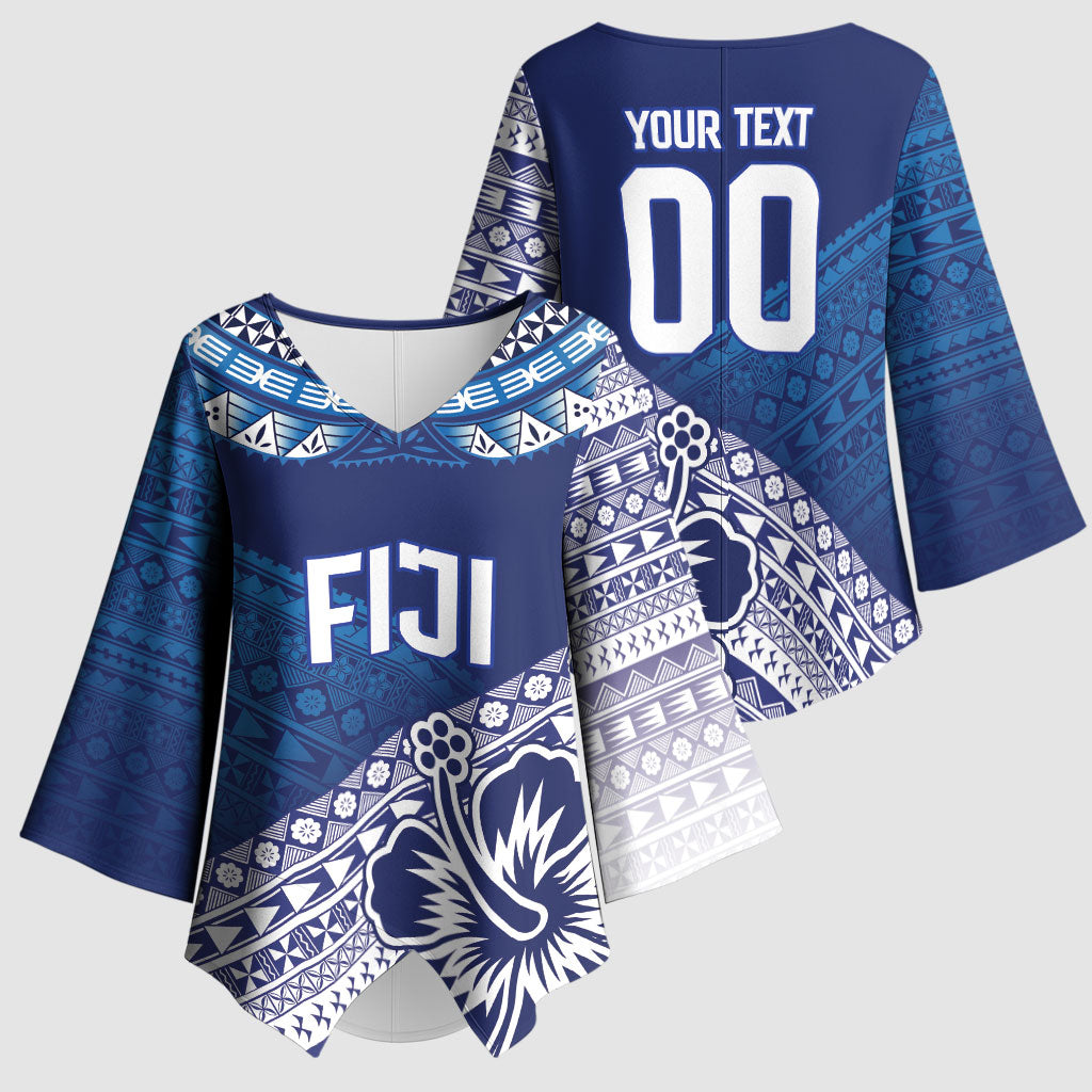 Custom Rugby Fiji Kimono Sleeve Blouse Blue Traditional Masi Inspired
