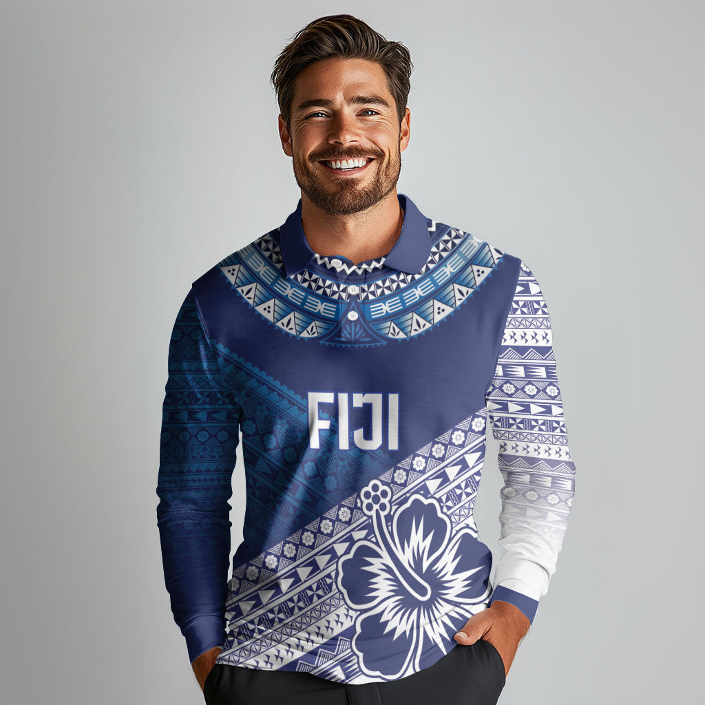 Custom Rugby Fiji Long Sleeve Polo Shirt Blue Traditional Masi Inspired