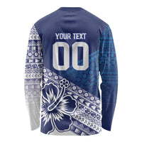 Custom Rugby Fiji Long Sleeve Shirt Blue Traditional Masi Inspired