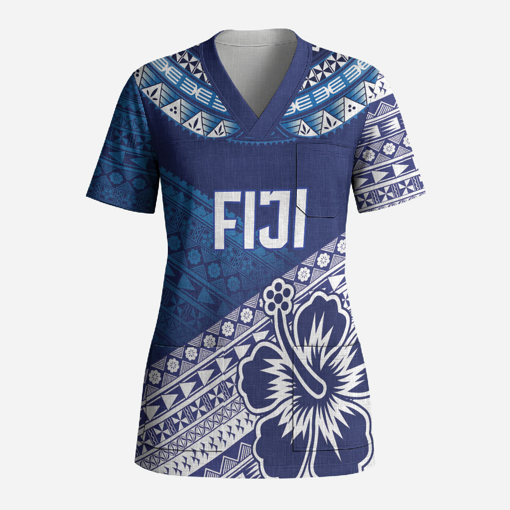 Custom Rugby Fiji Scrub Top Blue Traditional Masi Inspired