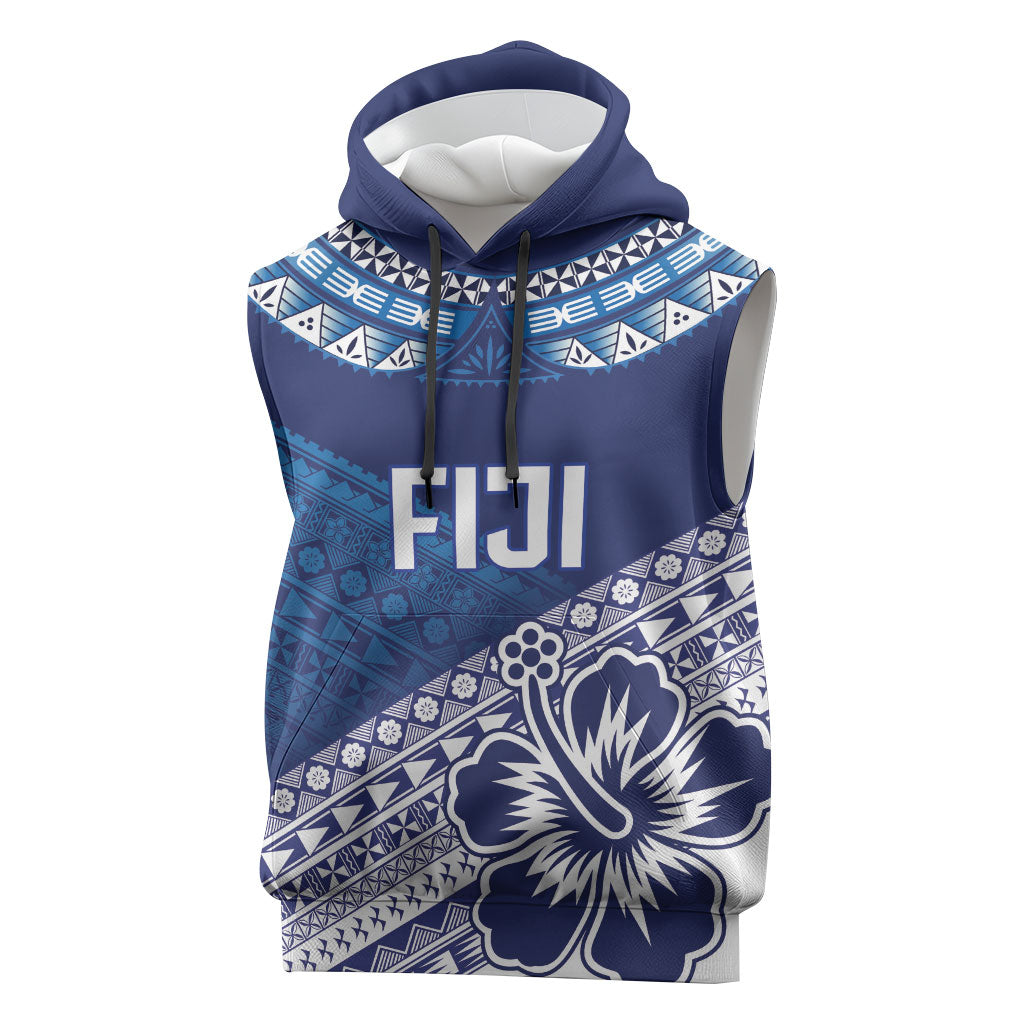 Custom Rugby Fiji Sleeveless Hoodie Blue Traditional Masi Inspired LT9 Blue - Polynesian Pride
