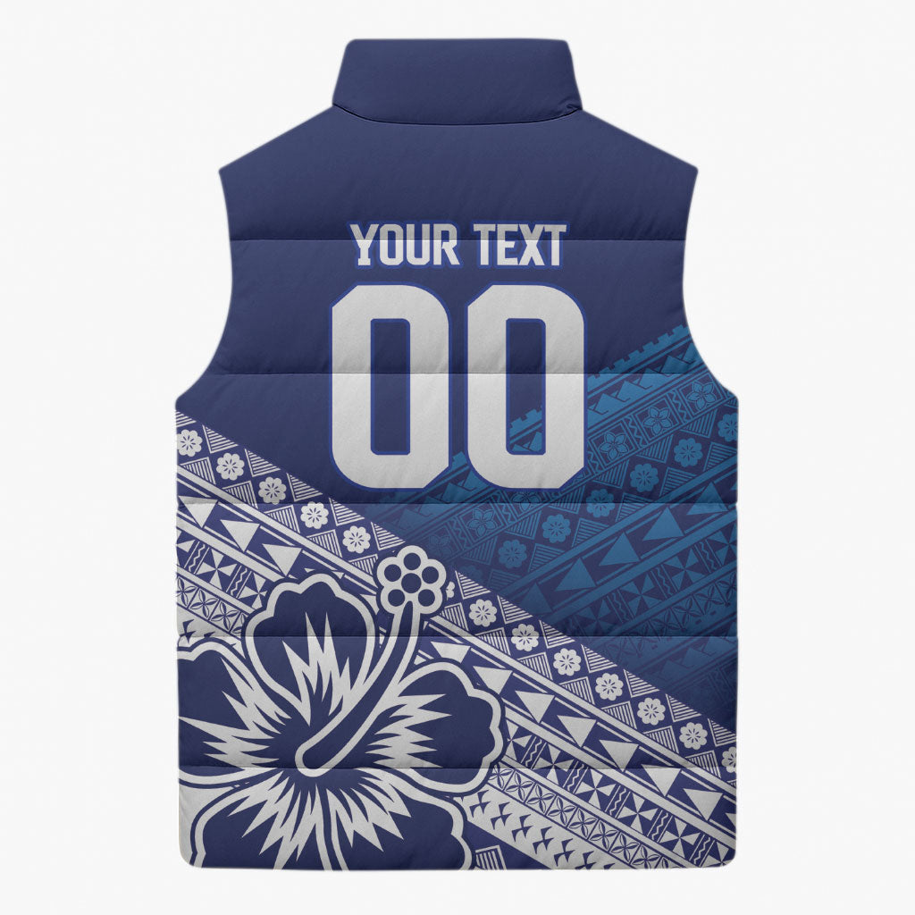 Custom Rugby Fiji Sleeveless Puffer Jacket Blue Traditional Masi Inspired