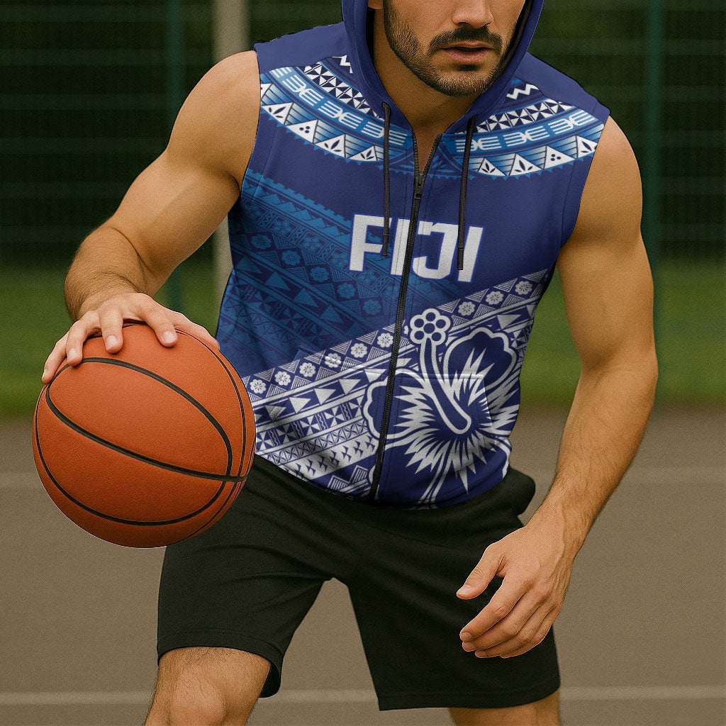 Custom Rugby Fiji Sleeveless Zip Hoodie Blue Traditional Masi Inspired