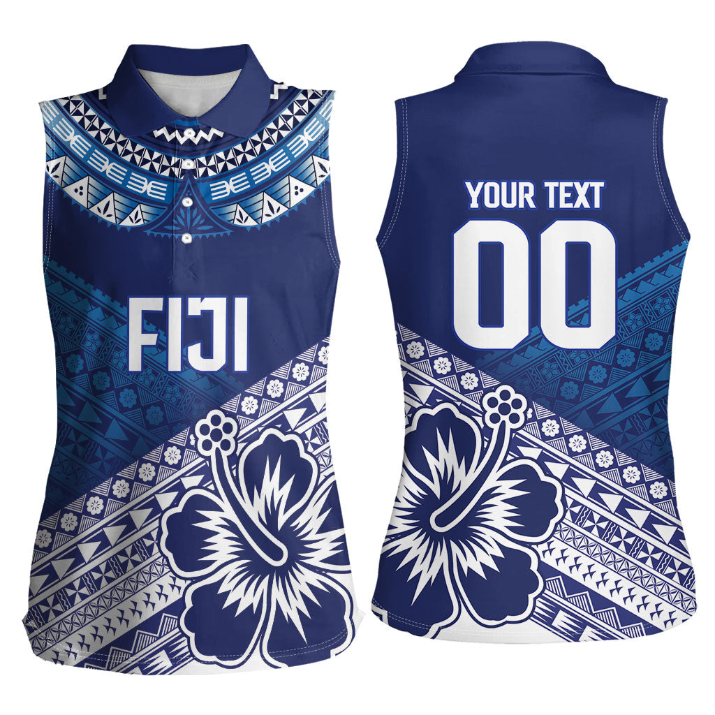 Custom Rugby Fiji Women Sleeveless Polo Shirt Blue Traditional Masi Inspired