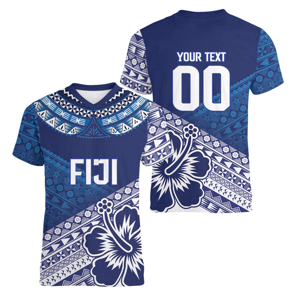 Custom Rugby Fiji Women V-Neck T-Shirt Blue Traditional Masi Inspired