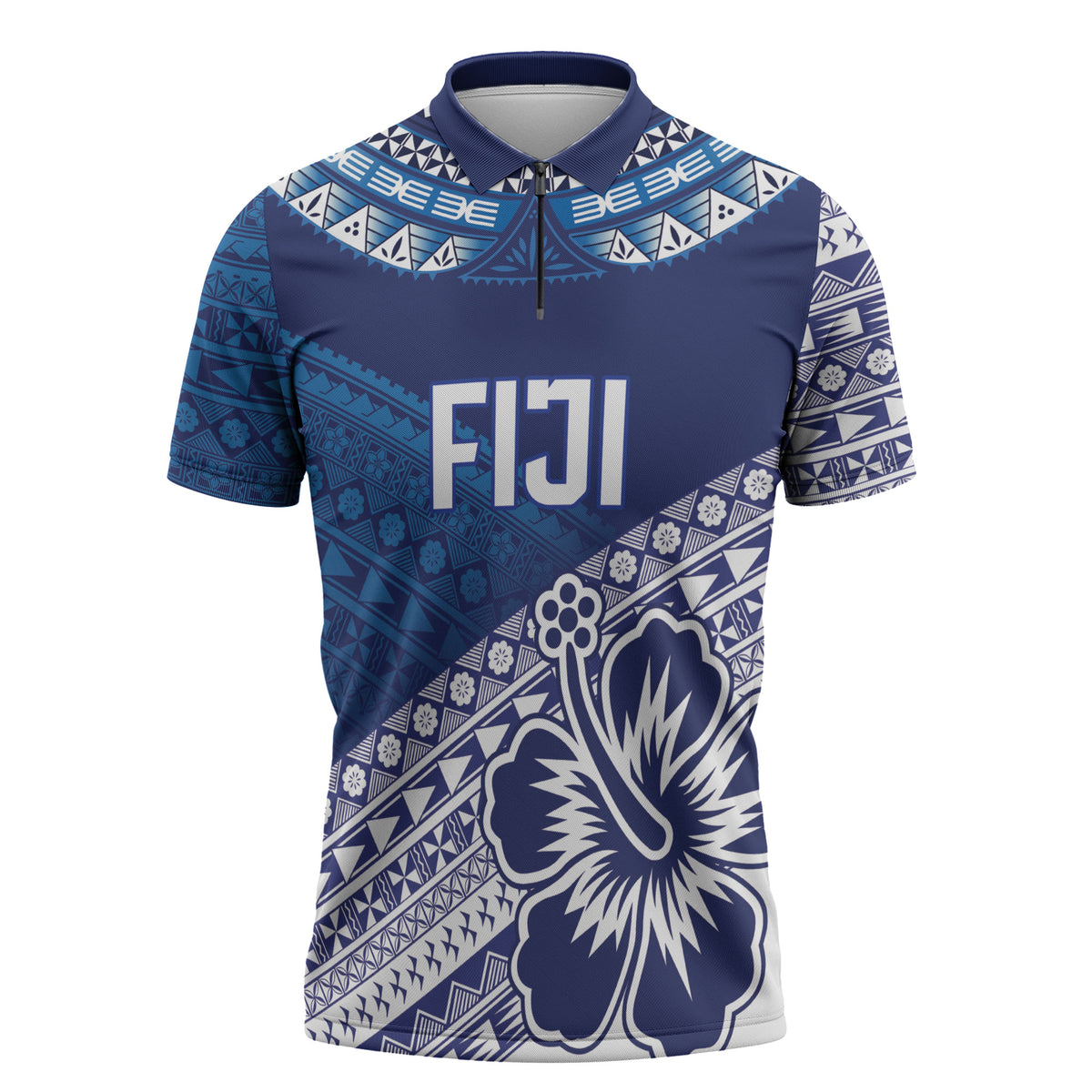 Custom Rugby Fiji Zipper Polo Shirt Blue Traditional Masi Inspired