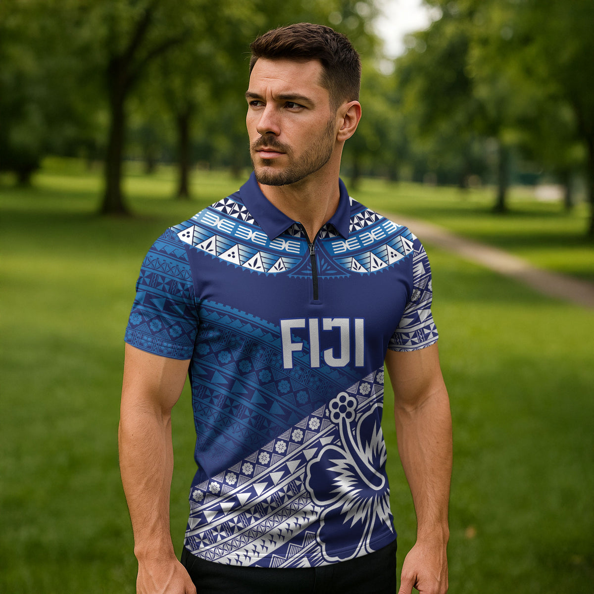 Custom Rugby Fiji Zipper Polo Shirt Blue Traditional Masi Inspired