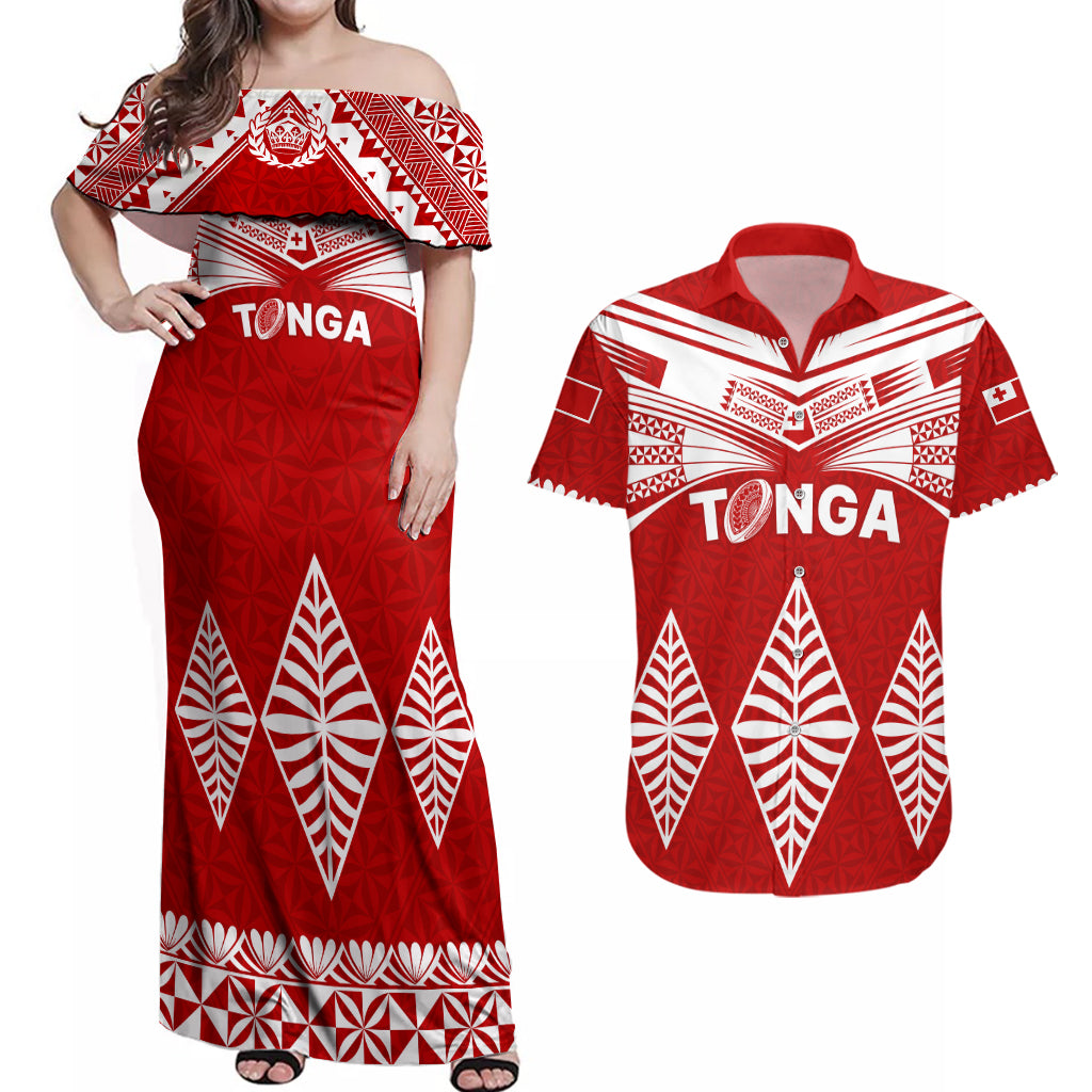 Tonga Rugby Couples Matching Off Shoulder Maxi Dress and Hawaiian Shirt Proud Tongan Ngatu Kupesi World Cup 2023 No1 LT9 White - Polynesian Pride