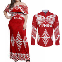 Tonga Rugby Couples Matching Off Shoulder Maxi Dress and Long Sleeve Button Shirts Proud Tongan Ngatu Kupesi World Cup 2023 No1 LT9 White - Polynesian Pride