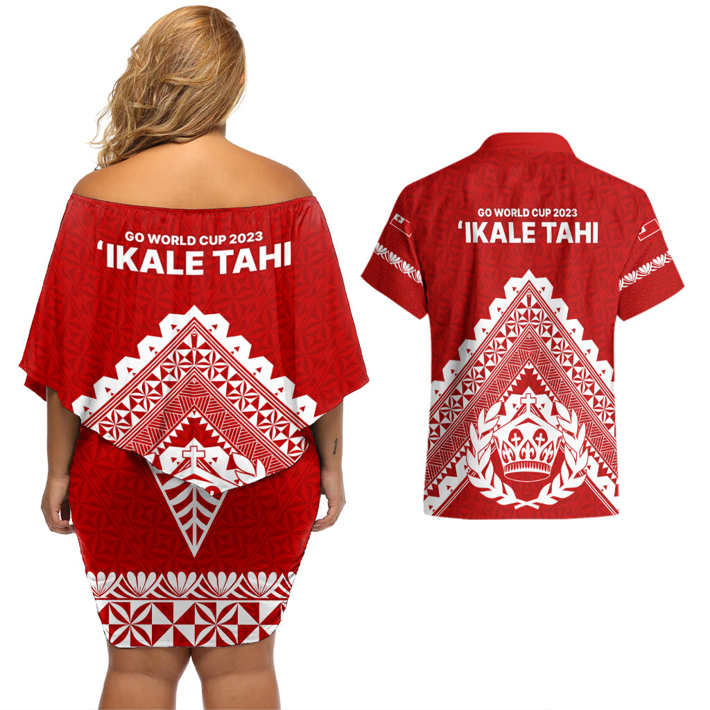 Tonga Rugby Couples Matching Off Shoulder Short Dress and Hawaiian Shirt Proud Tongan Ngatu Kupesi World Cup 2023 No1 LT9 - Polynesian Pride