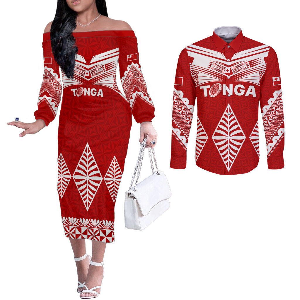 Tonga Rugby Couples Matching Off The Shoulder Long Sleeve Dress and Long Sleeve Button Shirts Proud Tongan Ngatu Kupesi World Cup 2023 No1 LT9 White - Polynesian Pride