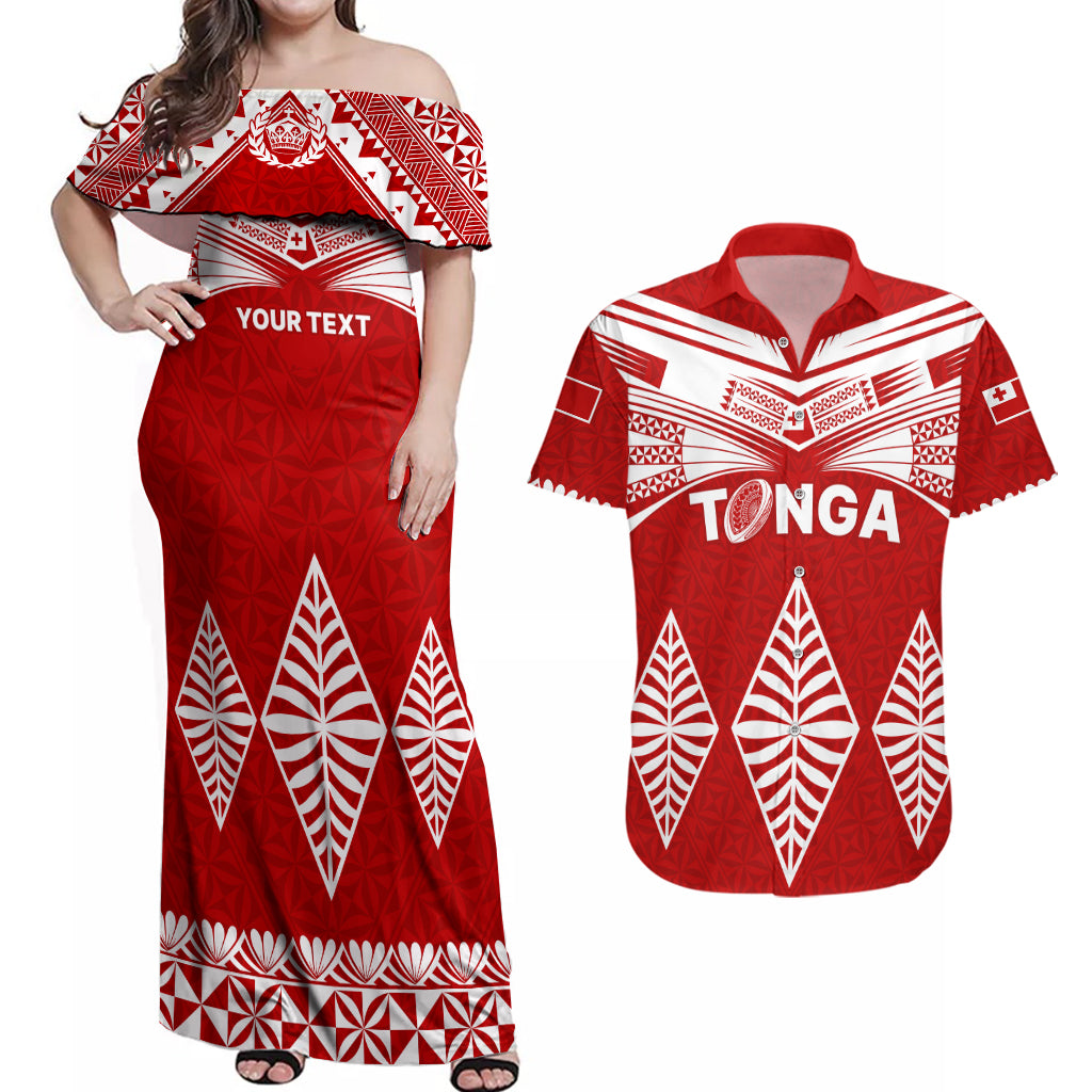 Custom Tonga Rugby Couples Matching Off Shoulder Maxi Dress and Hawaiian Shirt Proud Tongan Ngatu Kupesi World Cup 2023 No1 LT9 White - Polynesian Pride