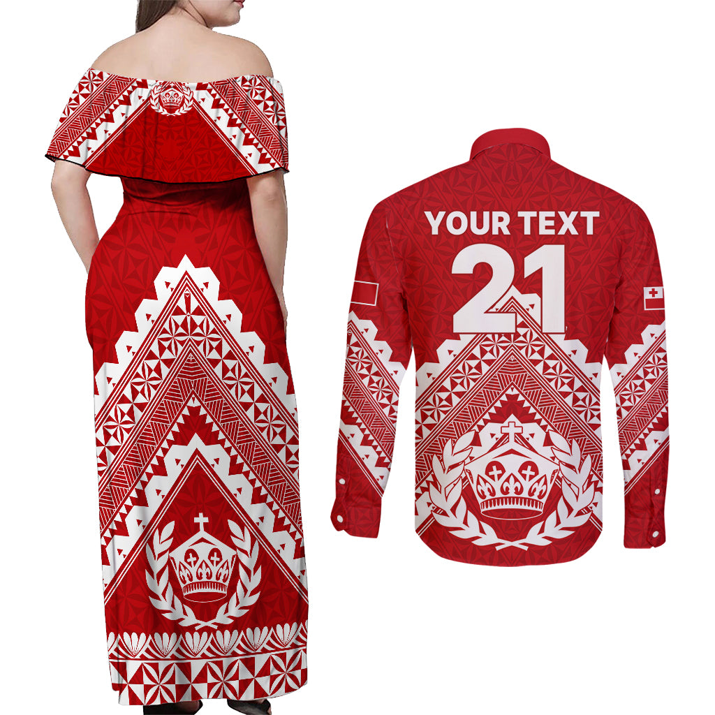Custom Tonga Rugby Couples Matching Off Shoulder Maxi Dress and Long Sleeve Button Shirts Proud Tongan Ngatu Kupesi World Cup 2023 No1 LT9 - Polynesian Pride
