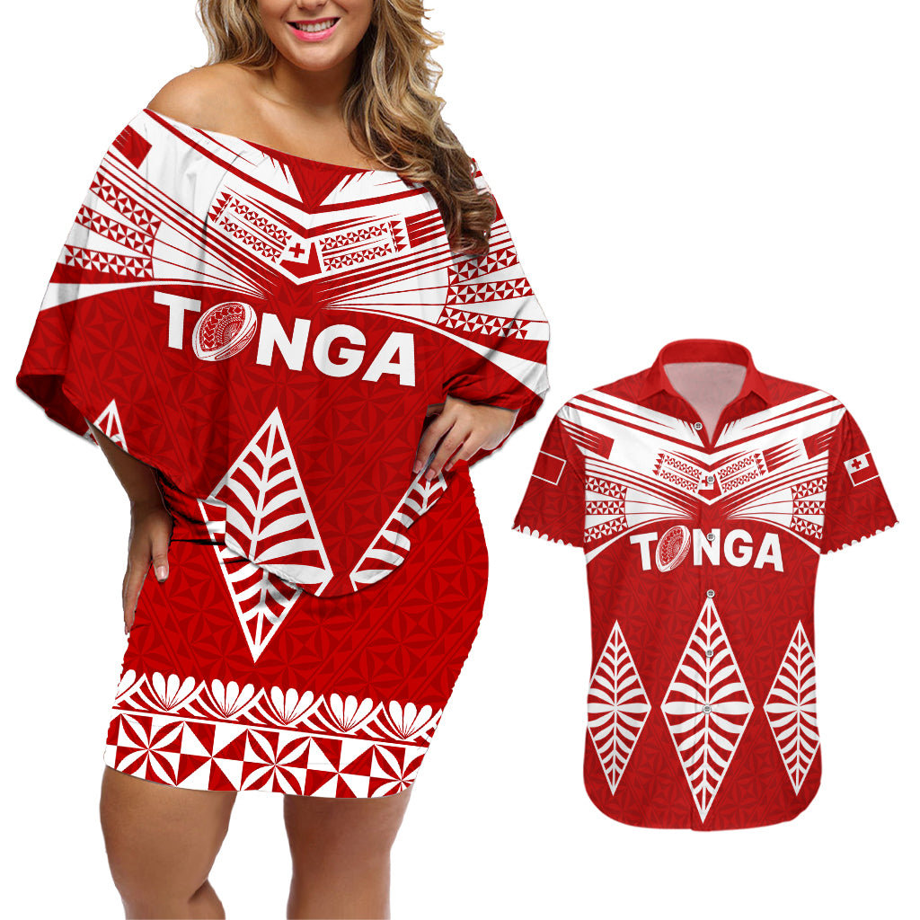 Custom Tonga Rugby Couples Matching Off Shoulder Short Dress and Hawaiian Shirt Proud Tongan Ngatu Kupesi World Cup 2023 No1 LT9 White - Polynesian Pride