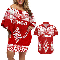 Custom Tonga Rugby Couples Matching Off Shoulder Short Dress and Hawaiian Shirt Proud Tongan Ngatu Kupesi World Cup 2023 No1 LT9 White - Polynesian Pride