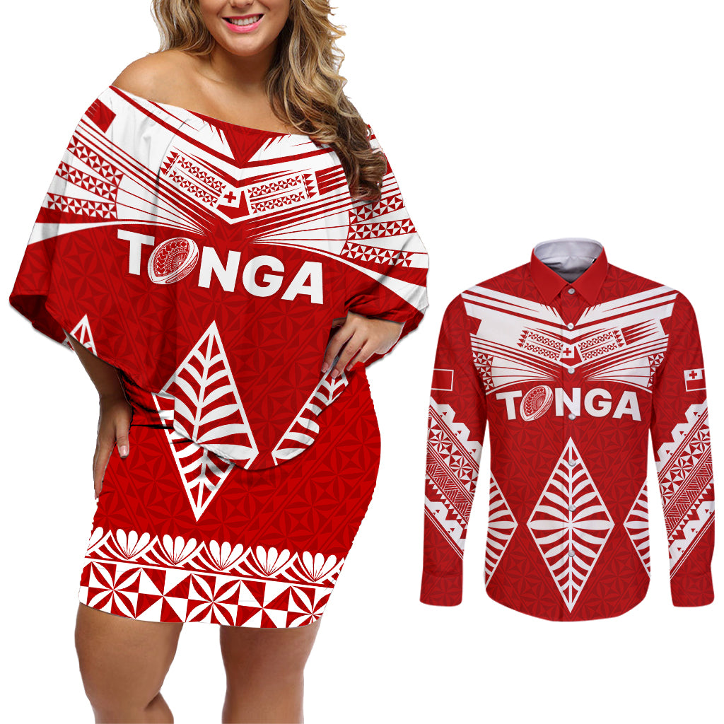 Custom Tonga Rugby Couples Matching Off Shoulder Short Dress and Long Sleeve Button Shirts Proud Tongan Ngatu Kupesi World Cup 2023 No1 LT9 White - Polynesian Pride
