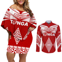Custom Tonga Rugby Couples Matching Off Shoulder Short Dress and Long Sleeve Button Shirts Proud Tongan Ngatu Kupesi World Cup 2023 No1 LT9 White - Polynesian Pride