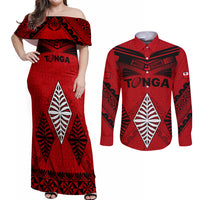 Tonga Rugby Couples Matching Off Shoulder Maxi Dress and Long Sleeve Button Shirts Proud Tongan Ngatu Kupesi World Cup 2023 No2 LT9 Black - Polynesian Pride