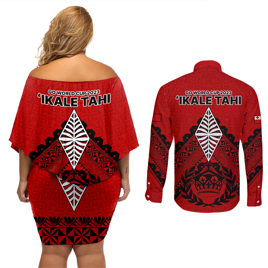 Tonga Rugby Couples Matching Off Shoulder Short Dress and Long Sleeve Button Shirts Proud Tongan Ngatu Kupesi World Cup 2023 No2 LT9 - Polynesian Pride