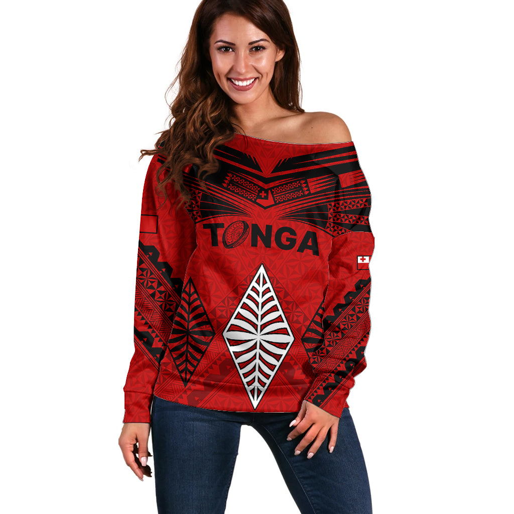 Tonga Rugby Off Shoulder Sweater Proud Tongan Ngatu Kupesi World Cup 2023 No2 LT9 Women Black - Polynesian Pride