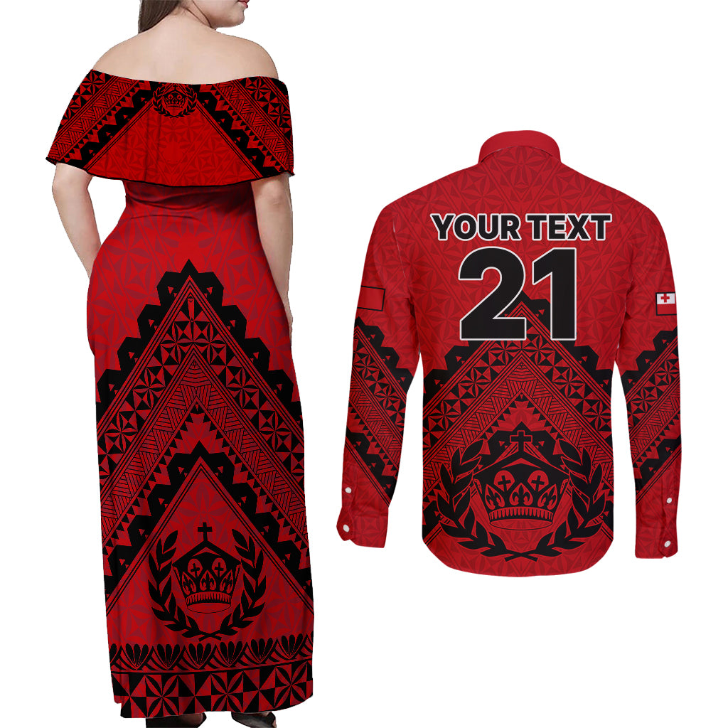 Custom Tonga Rugby Couples Matching Off Shoulder Maxi Dress and Long Sleeve Button Shirts Proud Tongan Ngatu Kupesi World Cup 2023 No2 LT9 - Polynesian Pride