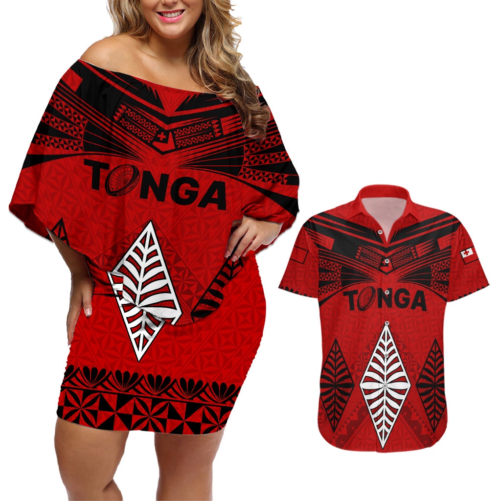 Custom Tonga Rugby Couples Matching Off Shoulder Short Dress and Hawaiian Shirt Proud Tongan Ngatu Kupesi World Cup 2023 No2 LT9 Black - Polynesian Pride