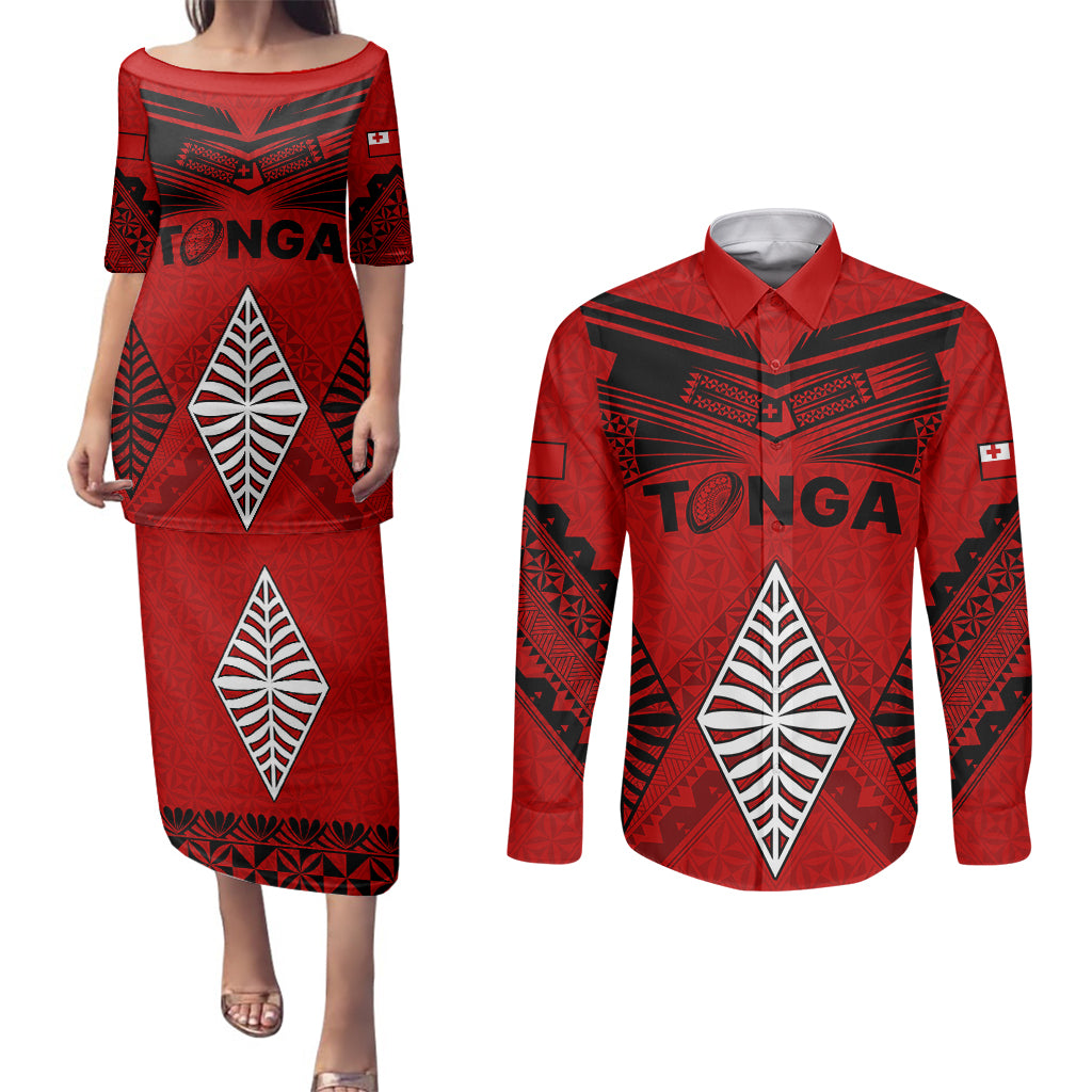 Custom Tonga Rugby Couples Matching Puletasi Dress and Long Sleeve Button Shirts Proud Tongan Ngatu Kupesi World Cup 2023 No2 LT9 Black - Polynesian Pride