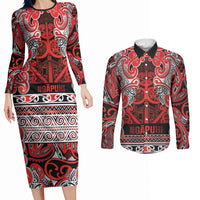 Aotearoa Iwi Ngapuhi Couples Matching Long Sleeve Bodycon Dress and Long Sleeve Button Shirt Maori Wharenui House Tribal Pattern LT9 Red - Polynesian Pride