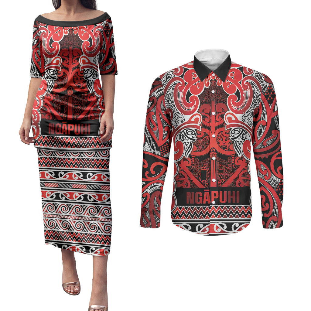 Aotearoa Iwi Ngapuhi Couples Matching Puletasi and Long Sleeve Button Shirt Maori Wharenui House Tribal Pattern LT9 Red - Polynesian Pride