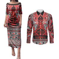 Aotearoa Iwi Ngapuhi Couples Matching Puletasi and Long Sleeve Button Shirt Maori Wharenui House Tribal Pattern LT9 Red - Polynesian Pride