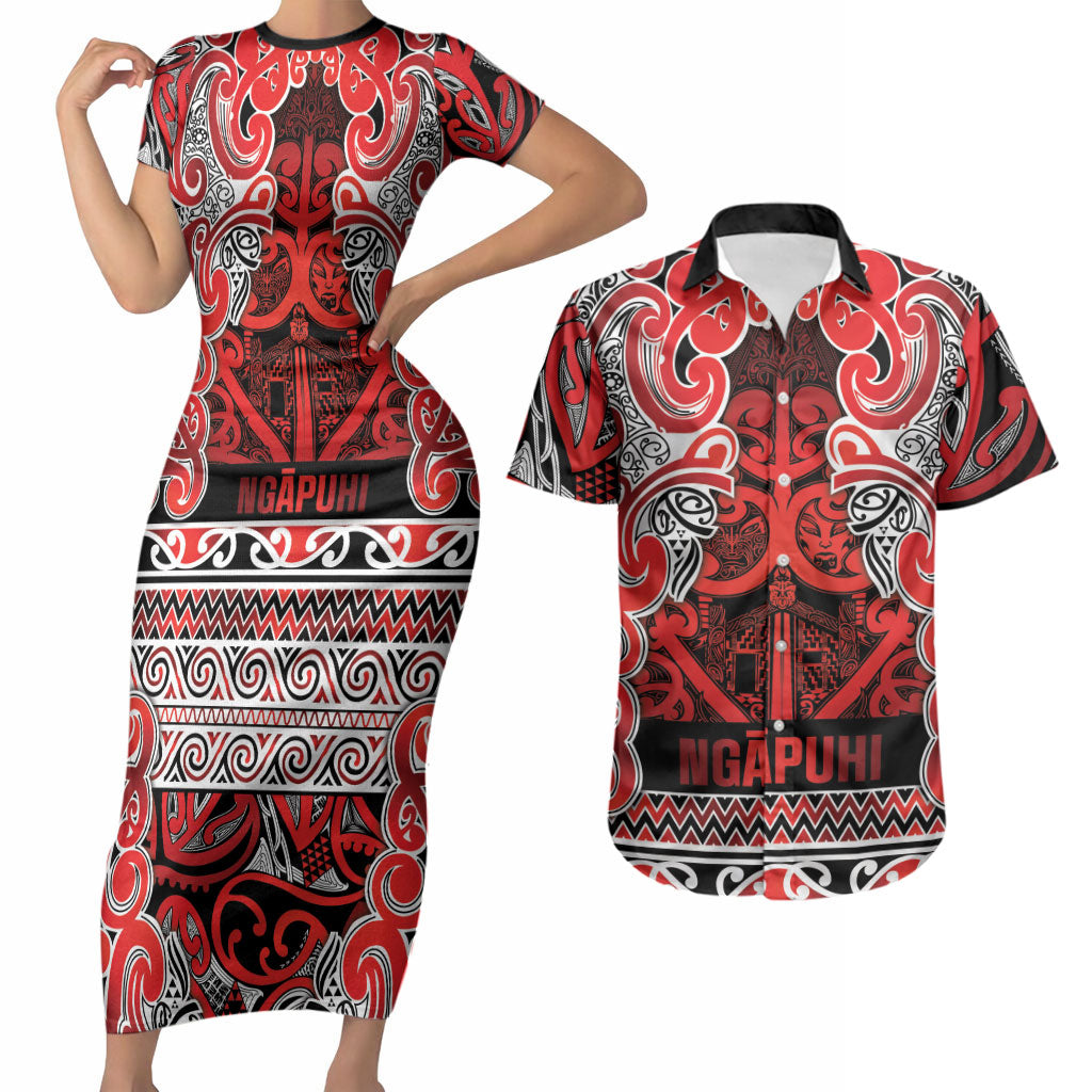 Aotearoa Iwi Ngapuhi Couples Matching Short Sleeve Bodycon Dress and Hawaiian Shirt Maori Wharenui House Tribal Pattern LT9 Red - Polynesian Pride