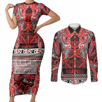 Aotearoa Iwi Ngapuhi Couples Matching Short Sleeve Bodycon Dress and Long Sleeve Button Shirt Maori Wharenui House Tribal Pattern LT9 Red - Polynesian Pride